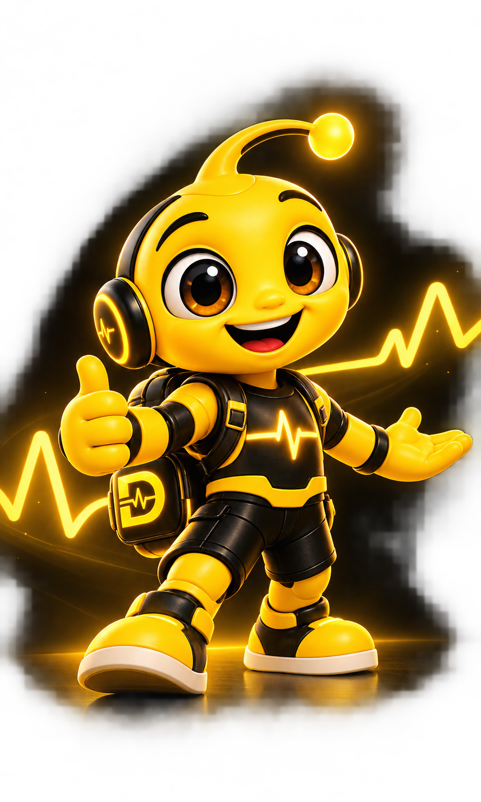 Duar, mascote amarelo da DuarPulse, apresentando as oportunidades